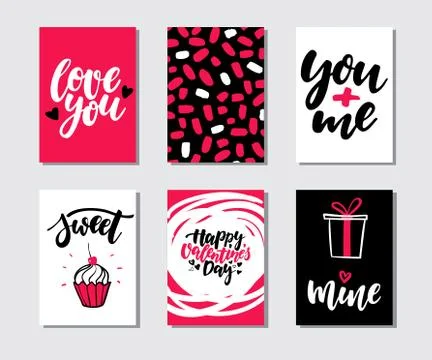 Valentines day gift card vector set. Hand drawn printable templates with le.. Stock Illustration