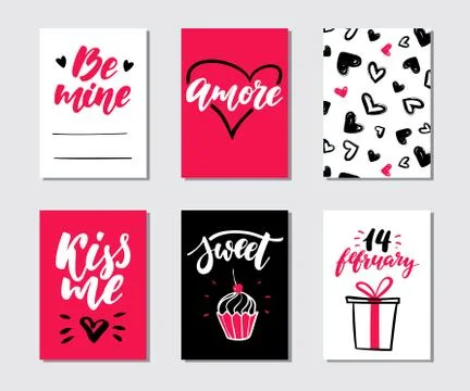 Valentines day gift card vector set. Hand drawn printable templates with le.. Stock Illustration