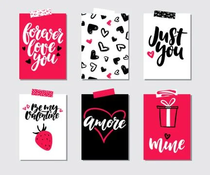 Valentines day gift card vector set. Hand drawn printable templates with le.. Stock Illustration