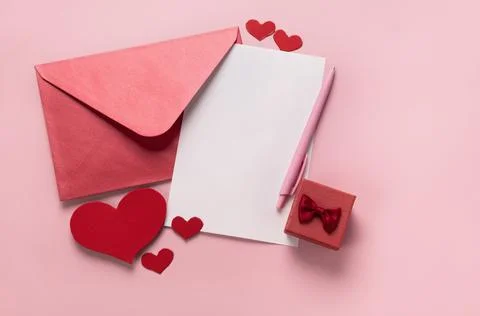 Valentine's Day gift. Ring, proposal of marriage, flat lay Stock Photos