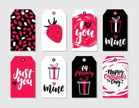 Valentines day gift tag vector set. Collection of hand drawn printable card.. Stock Illustration