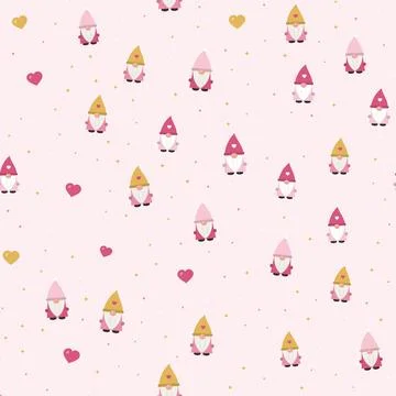Valentines Day gnomes seamless pattern with pink, golden hats, hearts and Stock-Illustration