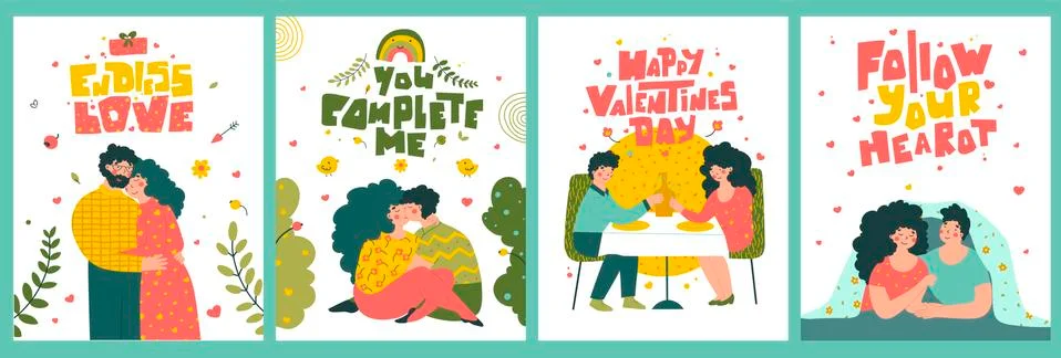 Valentine's day greeting cards set, flat vector illustration. Stock Illustration
