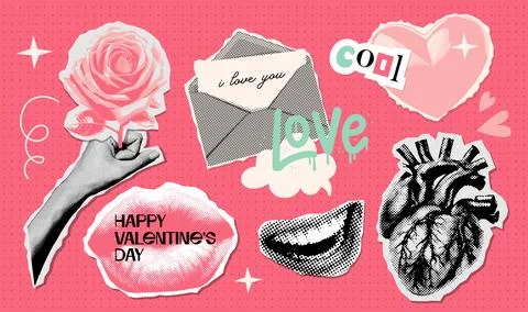 Valentine's day halftone collage elements set with doodles. Dotted paper Stock Illustration