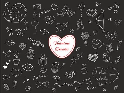 Valentine's Day Hand-drawn doodle hearts set, lips on black background Stock Illustration