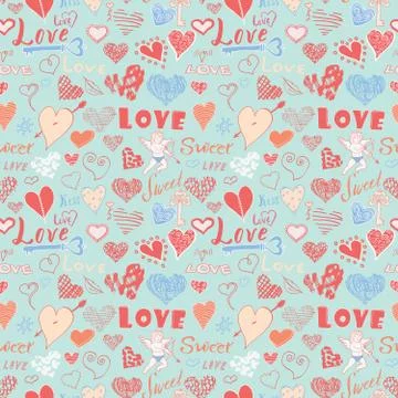 Valentines day hand drawn elements seamless pattern. Sketched doodle elements 스톡 일러스트