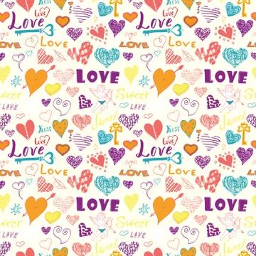 Valentines day hand drawn elements seamless pattern. Sketched doodle elements Stock Illustration