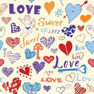 Valentines day hand drawn elements seamless pattern. Sketched doodle elements Illustrazione stock