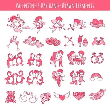 Valentine's Day Hand drawn elements with Cute and pink love elements Stock Illustration