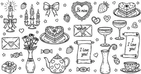 Valentine's Day Hand Drawn Elements: Hearts, Cakes, Roses, Candles, Gifts, .. Ilustração Stock