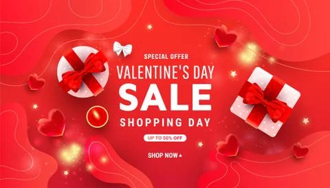 Valentines day horizontal background with shining pink gift boxes, bubble red Stock Illustration