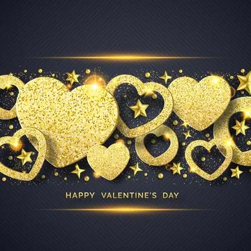 Valentines Day horizontal background with shining golden heart, stars, ball.. Stock Illustration