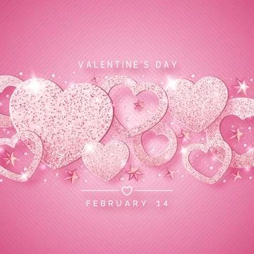 Valentines Day horizontal background with shining pink hearts, stars, balls.. Stock Illustration
