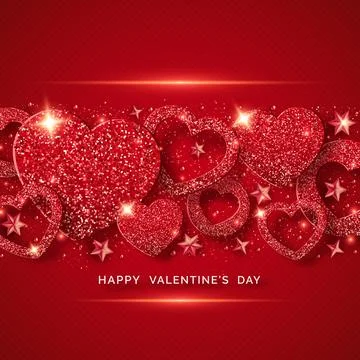 Valentines Day horizontal background with shining red heart, stars, balls a.. Stock Illustration