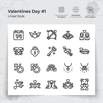 Valentine's day icon set in black line style.Heart, love and romance vector Stock Illustration