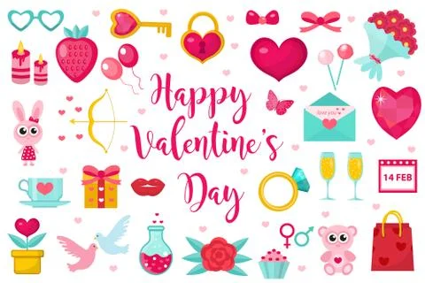 Valentines Day icon set, flat style. Love, romance and dating symbols colle.. Stock Illustration