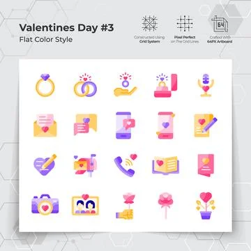 Valentine's day icons set in flat color style. Heart, love and romance vector Stock Illustration