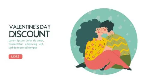 Valentines day kiss couple, Romantic vector, discount, flat vector landing page Stock Illustration