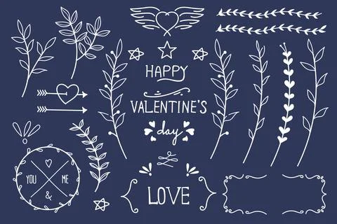 Valentines day line art elements collection with love lettering and decorat.. Stockillustratie