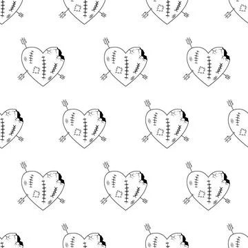 Valentines Day line seamless pattern. Lovely broken and crippled heart. Иллюстрация