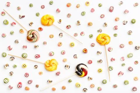 Valentines day of lollipops, candy pattern, top view flat lay Stock Photos