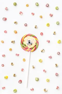 Valentines day of lollipops, candy pattern, top view flat lay Stock Photos
