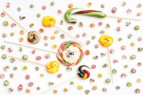 Valentines day of lollipops, candy pattern, top view flat lay Stock Photos