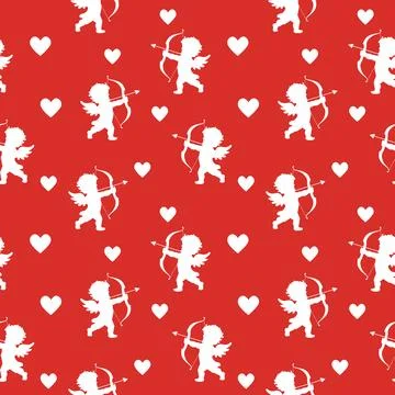 Valentine's Day love pattern red with white cupids Stock Illustration