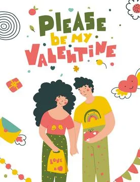 Valentines day lovers card in flat style. Greeting card design. Stock Illustration