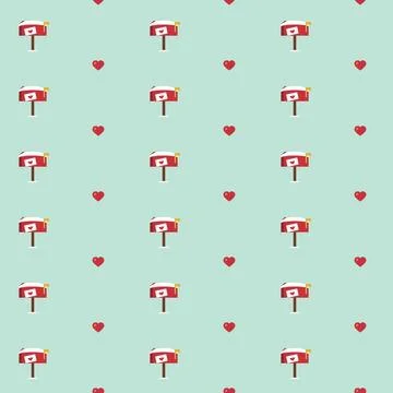 Valentines Day mailbox seamless pattern with red love letter mailboxes and small Stock Illustration