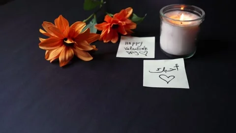 Valentines Day Multilingual Love Notes with Candlelight and Orange Flowers on Stock Footage 328141058