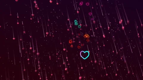 Valentines Day neon hearts falling on a dark background with motion graphics Stock Footage 346374505