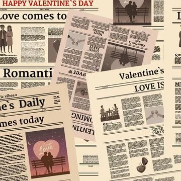Valentine's day newspaper seamless pattern. Background with title header Stock Illustration
