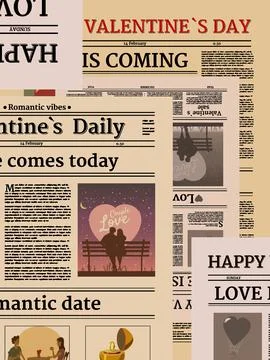 Valentine's day newspaper seamless pattern. Background with title header Stock Illustration