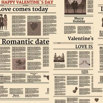 Valentine's day newspaper seamless pattern. Background with title header, unr Stock Illustration