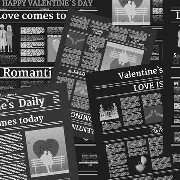 Valentine's day newspaper seamless pattern. Background with title header Stock Illustration