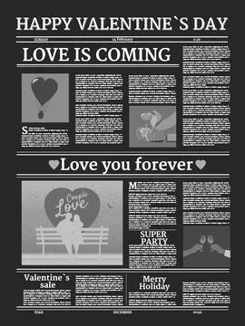 Valentine's day newspaper seamless pattern. Background with title header Stock Illustration