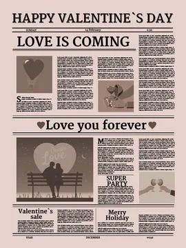 Valentine's day newspaper, title header, unreadable text, retro. Vector Stock Illustration