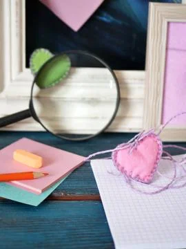 Valentines day, notebook, frames, pencils, felt hearts, bookmarks Stock Photos