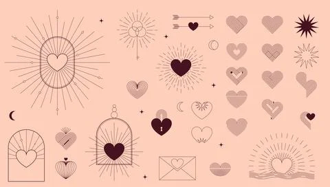 Valentine's Day outline graphic elements collection. Bohemian minimalist lo.. Stock Illustration
