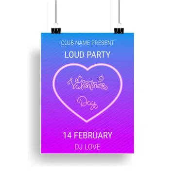Valentines Day party poster with shiny neon heart and calligraphy Stock Illustration
