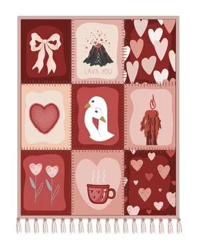 Valentine's Day Patchwork Blanket. Rustic Romantic Patch Duvet Design. Vector Stock Illustration