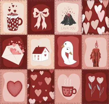 Valentine's Day Patchwork Quilt Seamless Doodle Pattern. Rustic Romantic Patc Stock Illustration