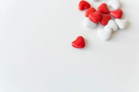 Valentine's day pattern background flat lay top view of red and white heart s Stock Photos