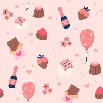 Valentine's day pattern with cute baloons, strawberry, love letters. Hand drawn Иллюстрация