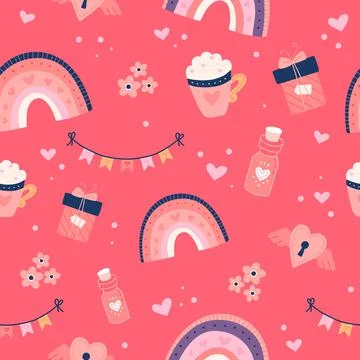 Valentine's day pattern with cute hearts, rainbows and gifts. Hand drawn vector Иллюстрация