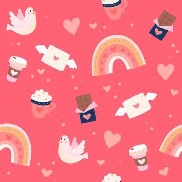 Valentine's day pattern with cute love letters, rainbows and chocolate. Hand Ilustración de archivo