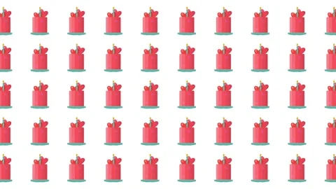 Valentine's Day pattern featuring red cakes with heart decorations and candles Stock Footage 345540025