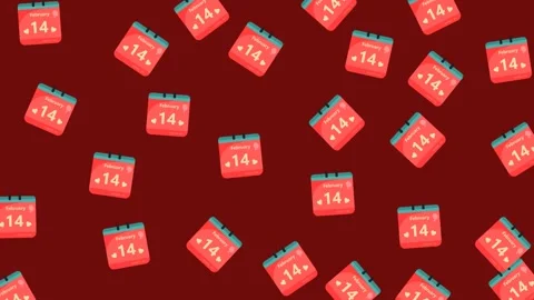 Valentine's Day Pattern with February 14 Calendar Icons on Dark Red Background Stock Footage 345539911