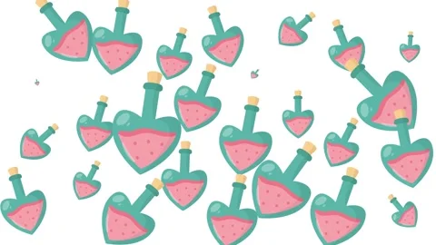 Valentine's Day Pattern with Heart Shaped Love Potion Bottles and Pink Elixir Stock Footage 345539650
